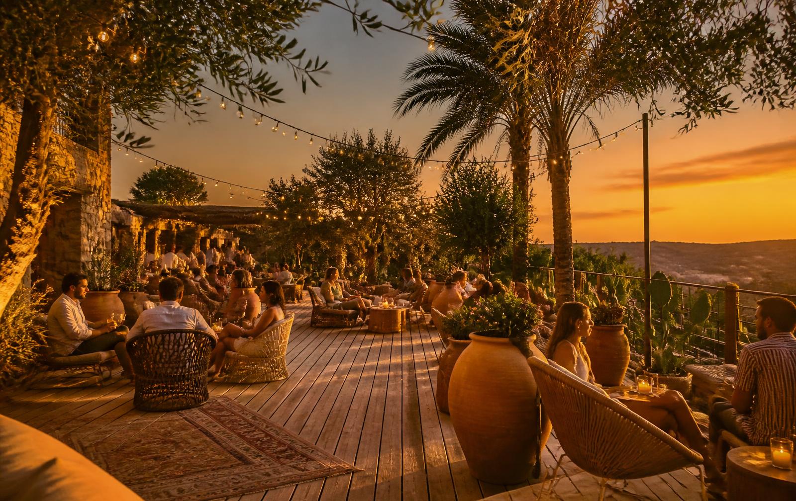 Terrazza del locale Calandriaigiea al tramonto con luci e palme